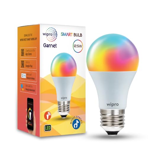 Image of wipro 12.5W E27 Wi-Fi Smart LED Bulb with Music Sync | Voice Control with Alexa, Google Asst | App Control |16 M Colours, White Tunable - Warm, Neutral & Cool White +Dimmable | Scenes | Pack of 2