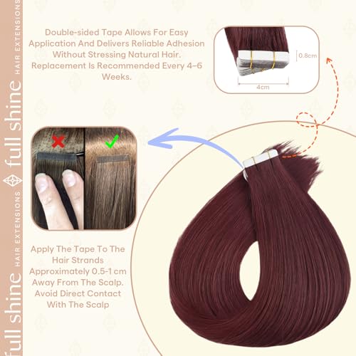 Image of Full Shine Tape Ins Human Hair Extensions, Mulberry Wine 24 Inch | 50g 20PCS, Brazilian Invisible Remy Tape in Extensions Human Hair Seamless Skin Weft Aesthetic Appeal for Wedding