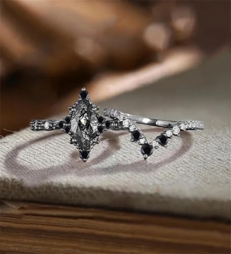 Marquise Cut Gemstone Engagement Ring Set for Women Art Deco Rose Gold 1Ct Alexandrite and Moissanite Wedding Ring 925 Silver 10K 14K Solid Gold Bridal Set for Wife4