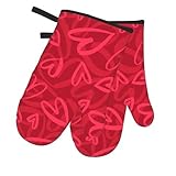 Oven Mitts, Cute Red Heart Pattern, Heat Resistant Kitchen Gloves Set of 2 for Cooking Baking BBQ