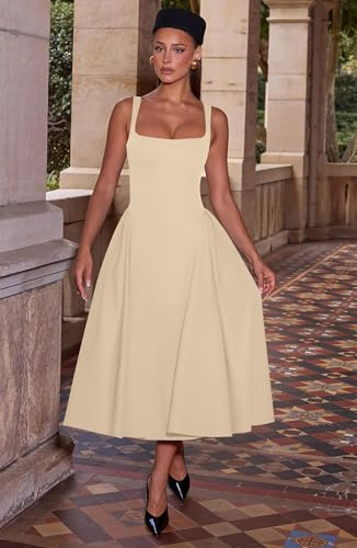 Image of Memoriesea Women's Elegant Square Neck Swing A Line Wedding Evening Party Midi Dress