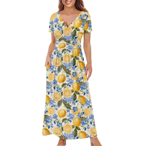 Image of Women's Fall Summer Short Sleeve Ankle Length V-Neck Party Dress with Pockets Size S-3XL