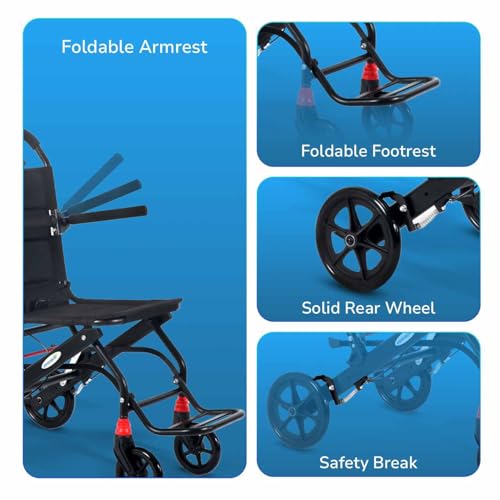 Image of EverActiv Aero Portable Wheelchair for Seniors | Ultra-Light 6.5Kg Aluminium Frame | Foldable, Compact, Attendant Brake, Travel Convenience | Wheelchair for old people