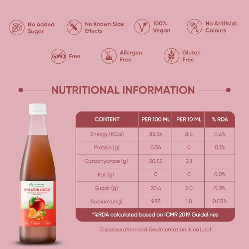 Image of Dr. Vaidya Apple Cider Vinegar Juice | Natural ACV Juice for Weight Loss & Detox | Aids Digestion & Gut Health | Metabolism Booster | ACV Detox Drink Fat Burner for Men & Women | 450ml, Pack of 1