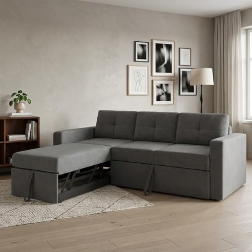 Image of FURNY Tira 4 Seater LHS Lounger Sofa Cum Bed (Dark Gray) with Pull-Out Function | Luxury Velvet Suede Finish | Durable Comfort | Ideal for Living Room