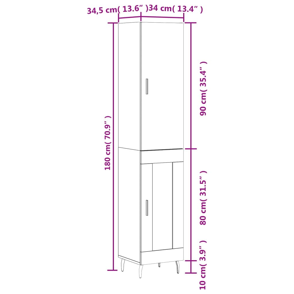 Armadietto alto in legno grigio cemento, 34,5 x 34 x 180 cm, con molto spazio e piedini in metallo, per soggiorno, comò e credenza, elegante armadio da corridoio dal design pratico