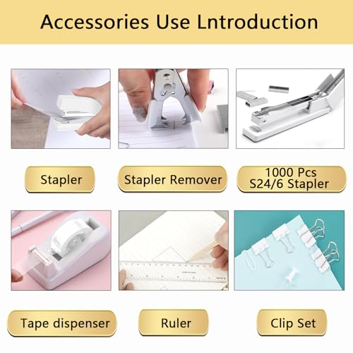 suniya Office Supplies,Desk Accessories,Tape Holder,Stapler,Scissor,Staple Remover,Box of Binder Clips,Staples,Ballpoint Pen,Sticky Notes,Clear Tape,Ruler,Office Supplies Set(White)