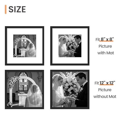 Image of upsimples 12x12 Picture Frame Set of 5, Display Pictures 8x8 with Mat or 12x12 Without, Wall Gallery Poster Frames, Black
