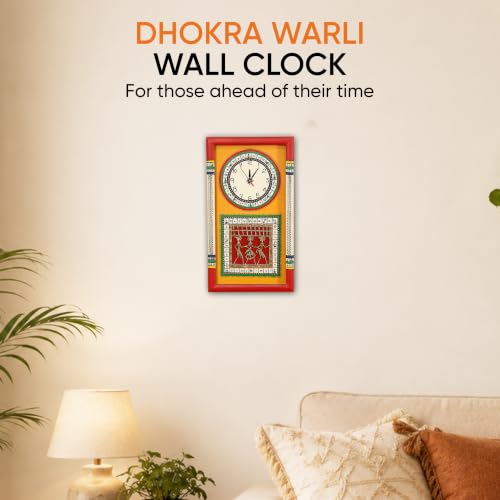 Image of AAKRITI ART CREATIONS Wall Clock Handcrafted Warli Art Yellow Dial with Glass Frame Red, Yellow | Wall Clock for Home, Home Decoration | Lightweight Wooden wall Decor | Matte Finish