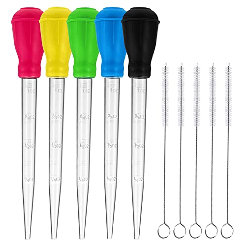 TXIN 5 Pieces 30ml/1oz Turkey Baster with 5 Cleaning Brush, Plastic Syringe Baster with Silicone Pump Head, Heat-resistant Meat Marinade Injector with Measurments for BBQ Grill Baking Kitchen Cooking