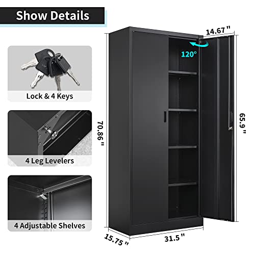 Wanfu Metal Storage Cabinet With Locking Doors And Adjustable Shelves, 71” Tall Steel Storage Cabinets For Garage, Home Office, Pantry(Black) #TOP1