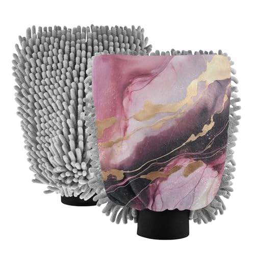 IOACIY Absorbent Microfiber Car Wash Drying Mitts, 2 Pack, Scratch-Free & Lint-Free, Rich Foam, Highly Absorbent, Double Sided, Wash Mitt Perfect for Car Washing, L, Marble Gold Pink