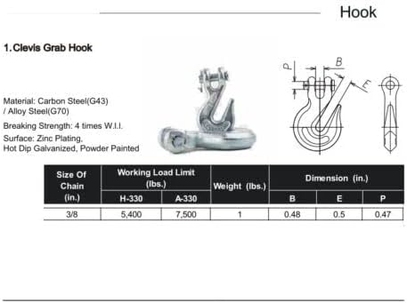 Miniatura 8 de Gancho de agarre de horquilla, capacidad de trabajo de 6,600 libras, compatible con cadena de remolque de 38 pulgadas, grado 70, gancho de