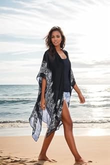 Moss Rose Women's Beach Cover up Swimsuit Kimono Cardigan with Bohemian Floral Print