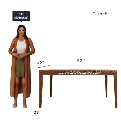 Image of DRIFTINGWOOD Maharaja Sheesham Wood Dining Table 6 Seater | Wooden Six Seater Dinning Table with Green Cushion Chairs & Bench | Dinner Table 6 Seater | Dining Room Sets | Self Assembly, Natural