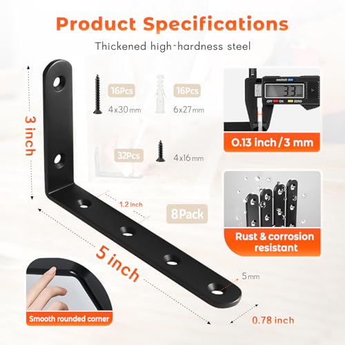 Shelf Bracket 8 Pack 5" Lx3 H 5mm Thick Heavy Duty Black L Brackets by WINKER - Used condition - Image 3