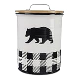 Young's Ceramic Treat Jar with Airtight Lid, Black and White Buffalo Plaid Bear Dog Treat Container, Decorative Cat Food Storage Canister