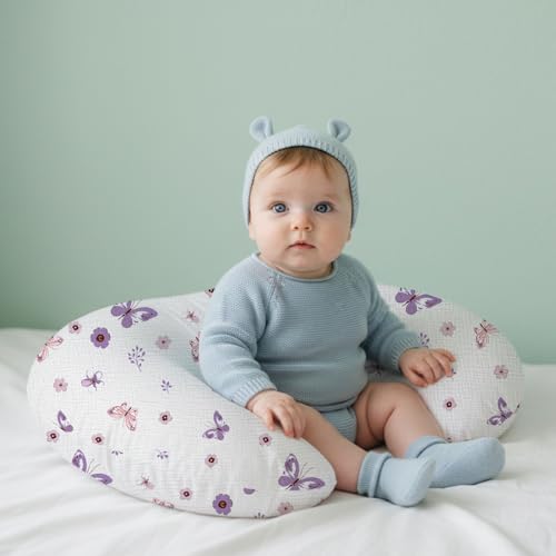 Image of Little Grape Land Muslin Nursing Pillow Covers 2 Pack, 100% Cotton Removable Breastfeeding Pillow Covers, Feeding Pillow Slipcovers for Baby Boys & Girls, (Purple Butterfly & Purple)