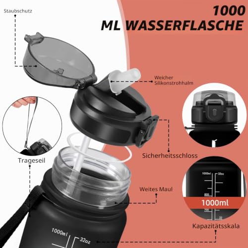 Grsta Trinkflasche- 1l- Trinkflasche Sport, Wasserflasche mit Strohhalm, Auslaufsicher, Flasche Kohlensäure Geeignet, Kann mit dir Tragen… – Ansicht 3