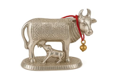 Image of Kamdhenu Cow and Calf Statue | Silver Matte Finish Decorative Murti Decorative | Handcrafted Holy Idol | Vastu Spiritual Showpiece | Home Office Decor | Housewarming Diwali Gift