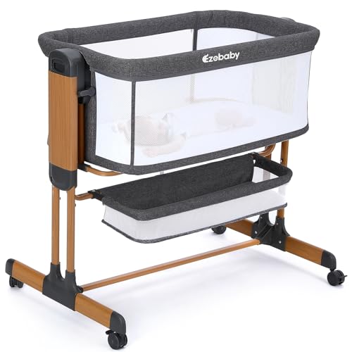 Image of Ezebaby Bassinet Bedside Sleeper, Rocking Bassinet for Baby, Adjustable Baby Bedside Bassinet with Wheels, Storage Basket and Mesh Sides, Portable Baby Bassinets Bedside Sleeper for Newborn Infant
