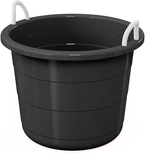 17-Gallon Heavy-Duty Plastic Storage Tub Featuring Rope Comfort-Grip Handles, Multi-Purpose Utility Bucket (Black)