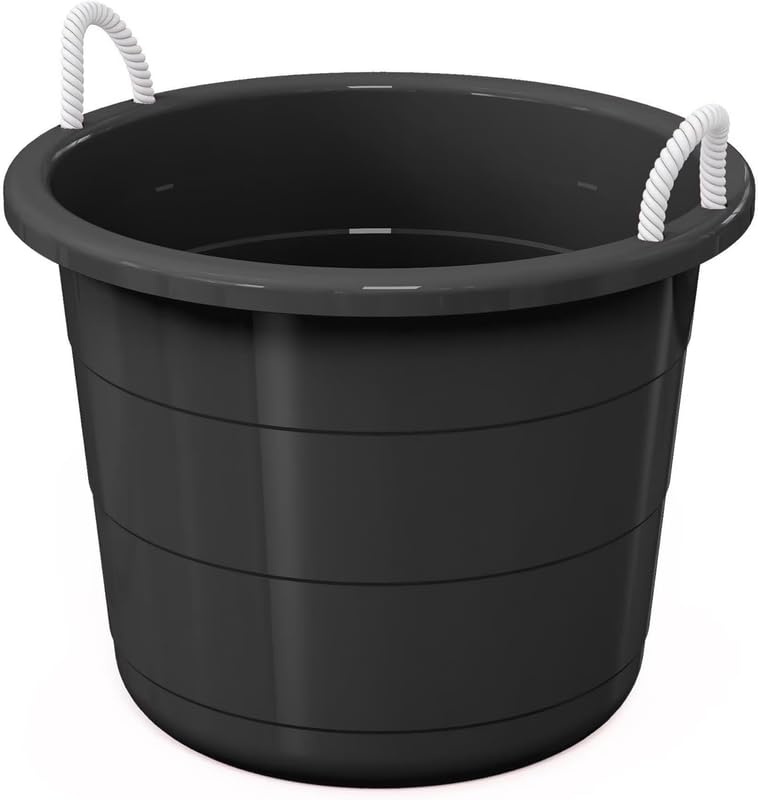 17-Gallon Heavy-Duty Plastic Storage Tub featuring Rope Comfort-Grip Handles, Multi-Purpose Utility Bucket (Black)