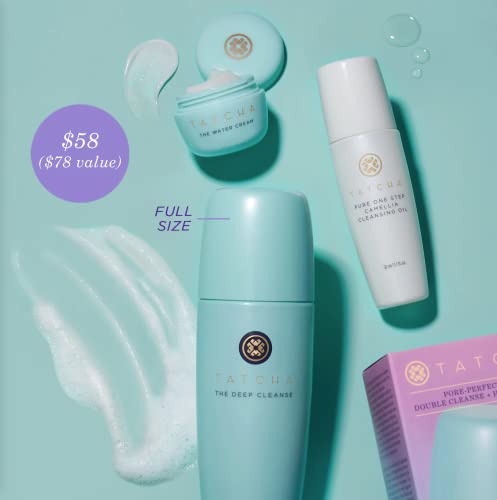 Tatcha Pore-Perfecting Double Cleanser + Hydrate Trio Set: The Deep Cleanse 5 Oz, Pure One Step Camellia Cleansing Oil 1.7 Oz & The Water Cream 0.33 Oz #TOP1