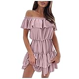 GOKOMO Sommerkleid Damen Kurz Einfarbig Bardot Sexy A-Linie Rüsche Kleider Strandkleider Minikleider Lose Kleid Freizeitkleid Partykleid