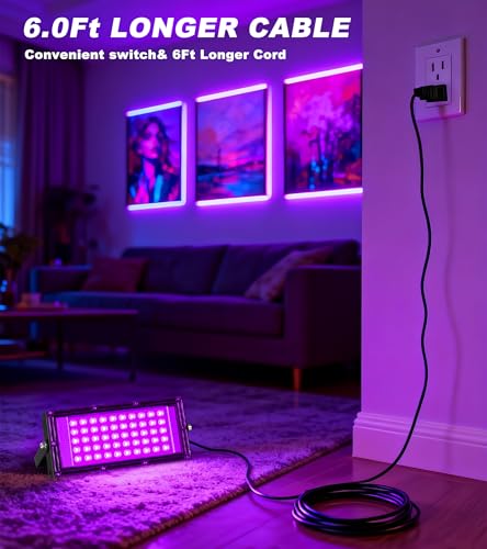 Image of TigQiang 50W 2 Pack LED Black Light IP66 Waterproof,Outdoor Blacklight Flood Light with Plug Switch Cord, for Halloween, Neon Glow in The Dark Party, Body Paint, Fluorescent Poster, Classroom Party