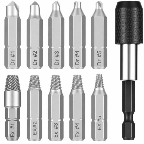 Image of KiBcsLic 11 Pieces Hex-Shank Screw Remover Set | Easy Out Screw Extractor Kit, Drill Set with Extension Holder, for Workshop, Garage