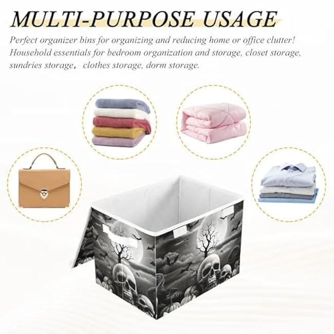 Skull Pumpkin Night Lidded Storage Bins with Handles - 16.5x12.6x11.8 Foldable Organizing Box, Oxford Fabric & Honeycomb Board, Dust-Proof Flip Lid for Closet/Office