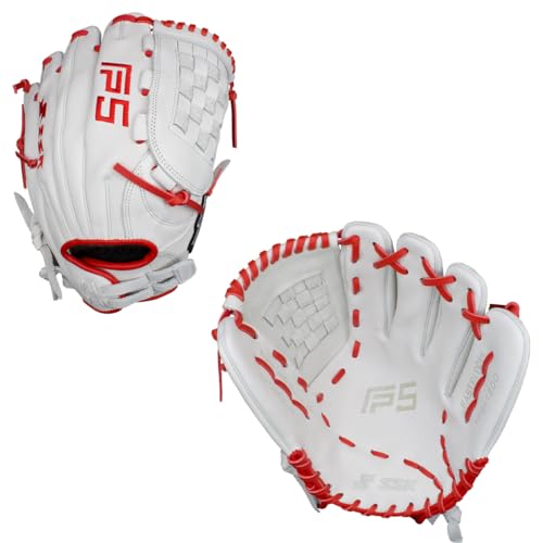 SSK FP5 Fastpitch Softball Glove – Infield - Outfield - Pitcher – 11.5”-11.75”-12”-12.25”-12.5”-12.75”-13”– Right & Left Hand Throw (White/Red - Basket Web, 12" - Right Hand Throw)