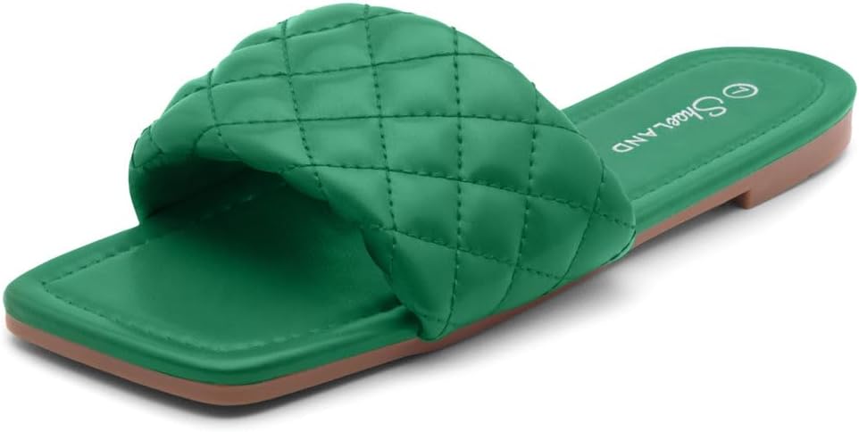 Shoe Land Women’s Flat Sandals – Quilted One-Band Fashion Slides with Square Open Toe & Comfort Footbed | Dressy Casual Slip-On Sandals for Summer, Travel & Daily Wear