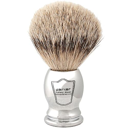 Parker 100% SILVERTIP Badger Shaving Brush – Chrome Handle & Stand – Premium 3-Band Badger Bristles for Smooth, Luxurious Lather