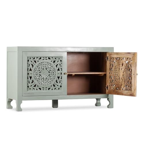 Image of Yepa Wooden Sideboard Cabinet for Living Room | Handcrafted Solid Wood Storage Cabinet with Carved Doors | Crockery Cabinet for Home | Crockery Furniture for Home (Green Ela)