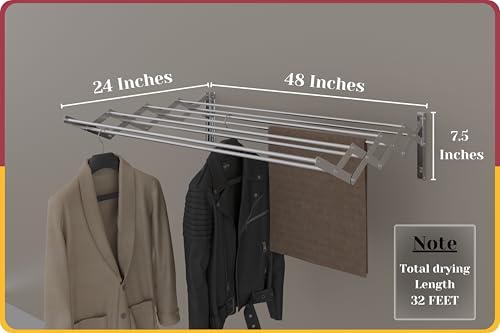 Image of Amiraj Foldable Wall Mounted Clothes Drying Stand |Heavy Duty Rust-Free Stainless Steel Zigzag Cloth Dryer Rack|8 Rod, 4 Feet |Space Saving Laundry Drying Rack for Balcony, Bathroom, Indoor & Outdoor
