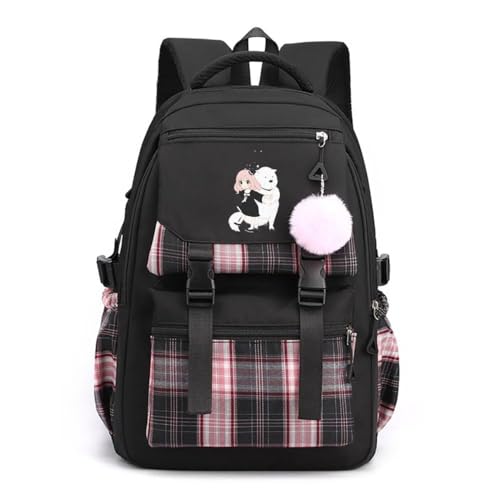 Nesthome Mochila para adolescentes Spy x Family para mujer y niña, para viajes, escuela, con bolas de pelo, colgante a cuadros, mochila para el tiempo libre, mochila escolar, Color negro., Talla única