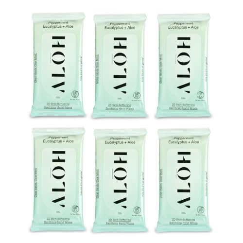 Image of ALŌH Peppermint Eucalyptus + Aloe Hand Sanitizer Wipes, Travel Size | Clean Hands, Clear Mind, On The Go for Kids and Adults | Alcohol Free, Moisturizing, Scented | 6 Pack 20ct Wipes (120 wipes)