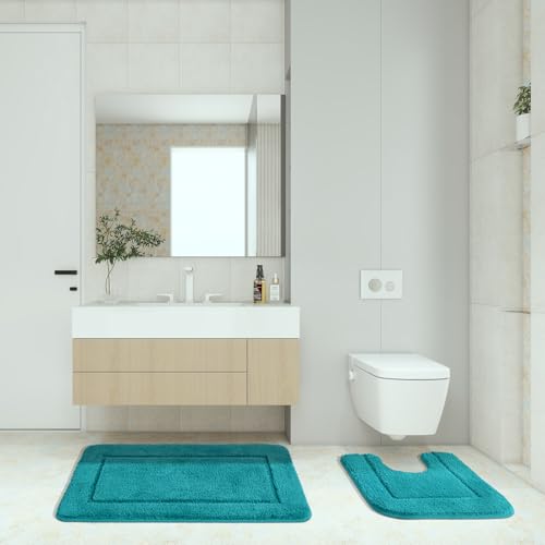 SOANNY Turquoise Bath Mat Set of 2, High Density Soft Microfiber Non-Slip Bathroom Mats, 53x86 cm Bathtub Rug & 50x50 cm Toilet Pedestal Carpet, Shower Rugs Machine Washable