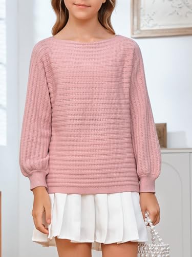 Image of Mafulus Girl's Puff Long Sleeve Crewneck Pullover Sweaters Kids Cable Knit Hollow Out Slouchy Cute Fall Jumper Tops 5-14T