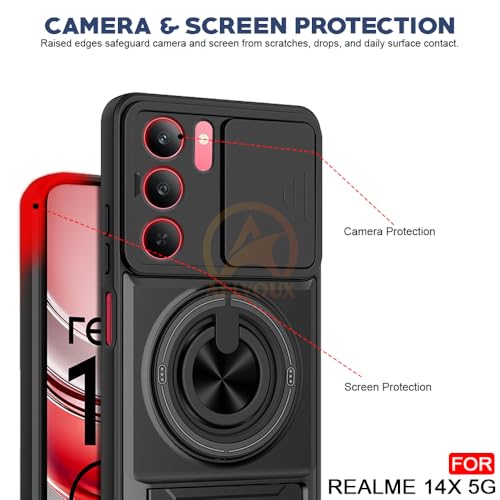 Image of 14X / P3X / C75 / Narzo 80X 5G Back Cover | Armor Camera Slider 360 Degree Rotating Finger Ring Holder Case with Bracket Stand Back Case Cover (Compatible with MagSafe Accessories) (Black)
