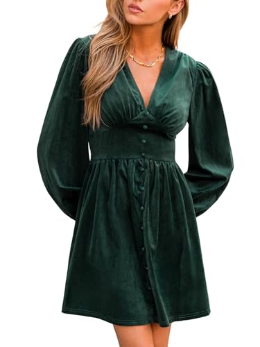 CUPSHE Damen Kleid Langarm V-Ausschnitt Freizeitkleider Knöpfe Laternenärmel Cocktailkleid A-Linie Herbst Winter Minikleid