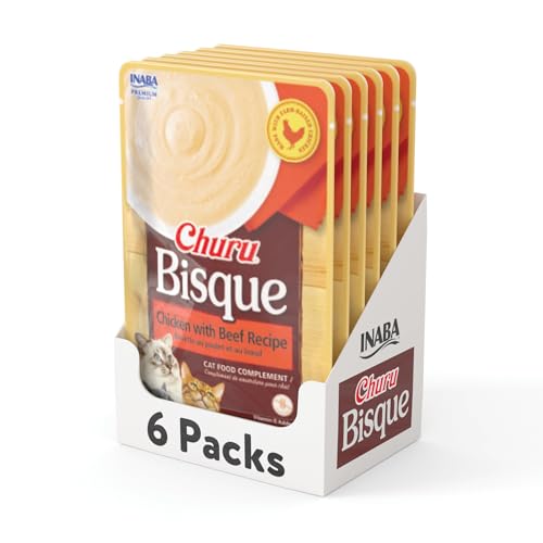 INABA Churu Bisque Lickable Treats for Cats, Creamy Purée Bisque with Vitamin E & Green Tea Extract, 1.4 Ounces per Pouch, 6 Pouches Total, Chicken with Beef Recipe