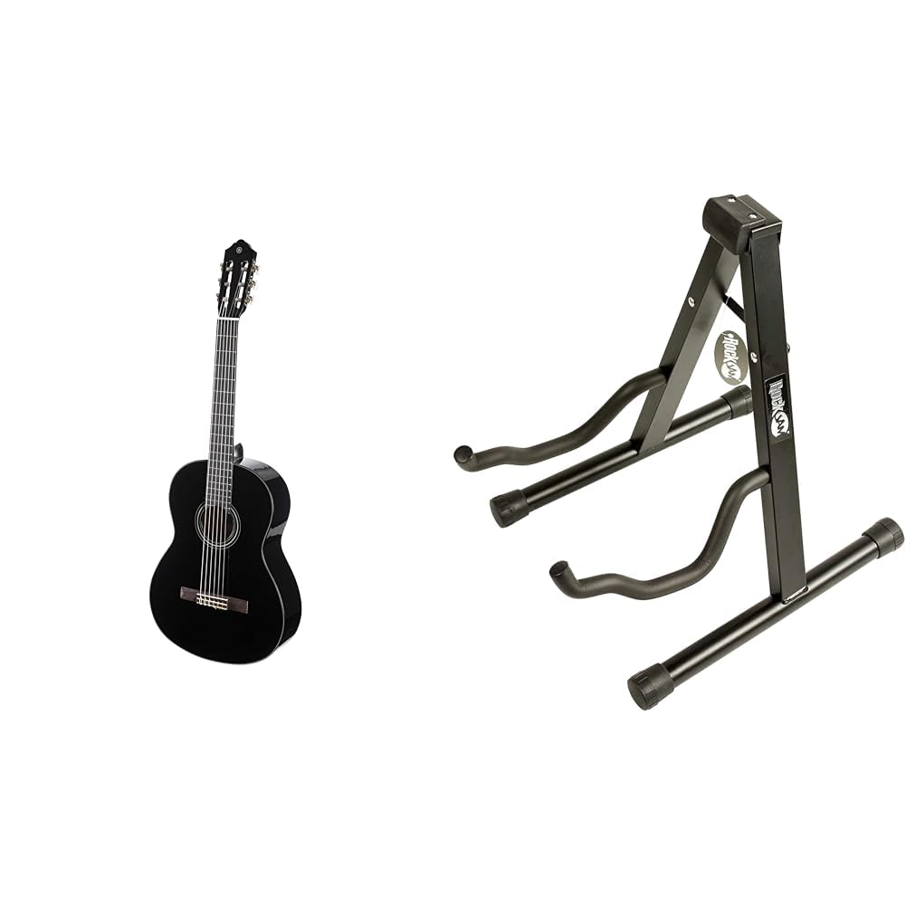 Yamaha C40BLII Akustikgitarre schwarz – 4/4 Gitarre aus Holz & RockJam Universeller tragbarer A-formiger Gitarrenständer für Akustikgitarre, E-Gitarre und Bass