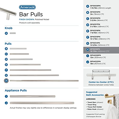 Image of Amerock 18-7 /8 inch Bar Pulls Polished Nickel Drawer Pull | 18-7 /8 inch (480mm) Center-to-Center Mounting Distance and 22-1 /16 inch Overall Length, Durable Carbon Steel Cabinet Hardware