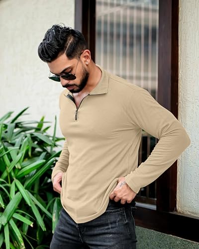 Image of KAJARU Men's Polyester Blend T Shirt with Spread Collar Neck Line Zipper Closure Full Sleeves Solid Pattern Regular Fit and Standard Length