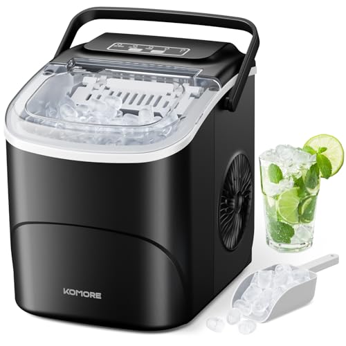 KOMORE Ice Maker with Handle, Portable Self-Cleaning Ice Machine, 2 Sizes of Bullet Ice Maker Machine, 9 Cubes Ready in 6 Mins, 12Kg/24H, Ice Scoop & Basket, Visual Window, Perfect for Home/Office/Bar