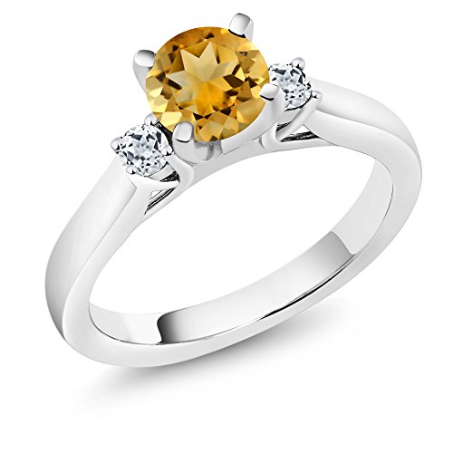 Gem Stone King 925 Sterling Silver Yellow Citrine and White Topaz 3-Stone Engagement Ring For Women (0.98 Cttw, Round 6MM, Gemstone November Birthstone, Available in Size 5,6,7,8,9)