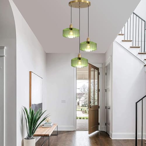 Image of 3-Light Green Glass Pendant Light, Mid-Century Modern Kitchen Island Hanging Light Fixtures with Ribbed Glass Shades, Adjustable Height Gold Ceiling Pendant Lighting